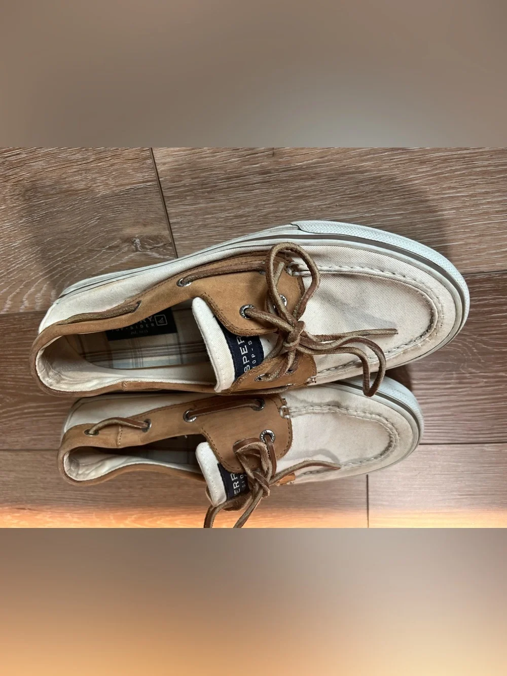 Sperry Top-Sider Men’s Boat Shoe cream canvas & brown leather Size 8.5